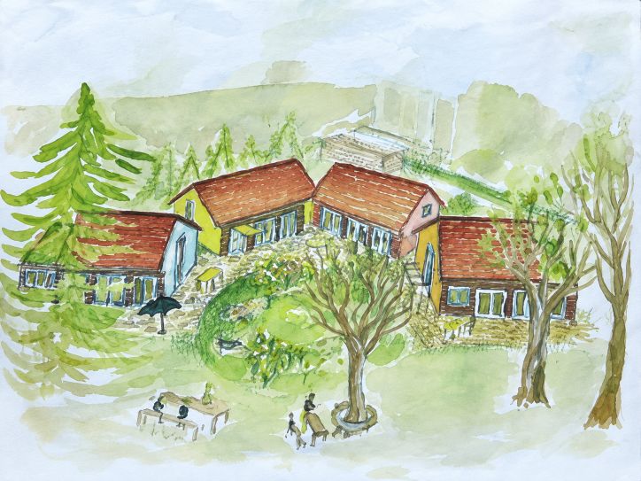 Aquarell des Beginenhofs: 4 kleine Häuschen, umgeben von Bäumen und Plätzen für das Beisammensein